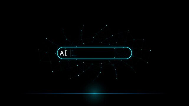 Artificial intelligence text typing in search bar on digital network background