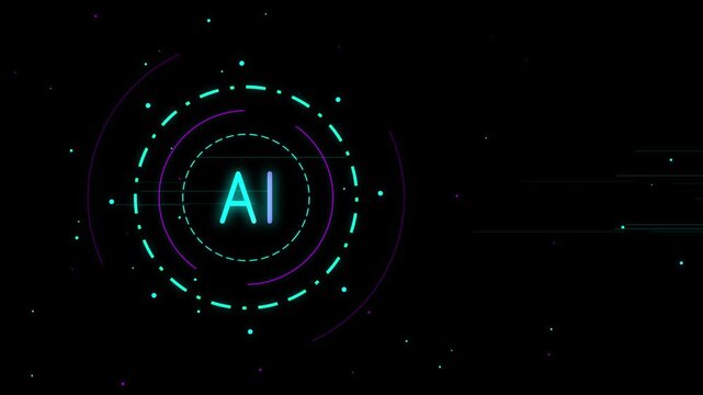 Futuristic AI text hologram rotating with glowing neon circles and digital particle background