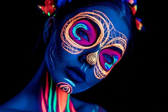 Close-up portrait of woman with glowing neon UV skull face paint, magenta and cyan eye swirls, gold spiral patterns, and UV butterflies in hair against blacklight darkness