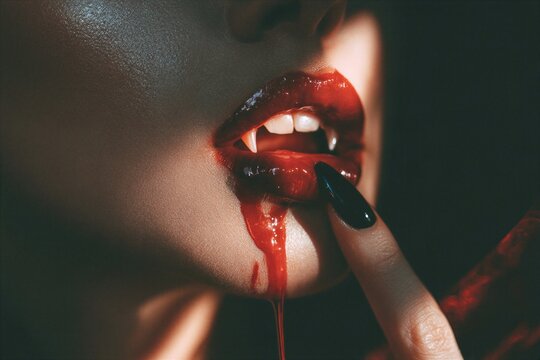 Extreme close-up of woman's mouth with sharp vampire fangs, glossy red lipstick, blood trickling down chin, finger with black nail polish touching lower lip