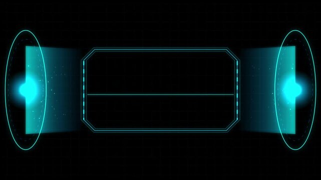 Futuristic cyan holographic HUD display interface with pulsing energy rings and a central message box