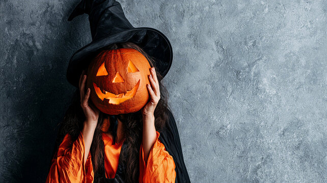 Person in black witch hat holding glowing carved jack-o-lantern pumpkin covering face against textured grey studio background with right-side composition and copy space