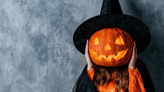 Person in black witch hat and orange Halloween costume holding glowing carved jack-o-lantern over face against textured grey studio background