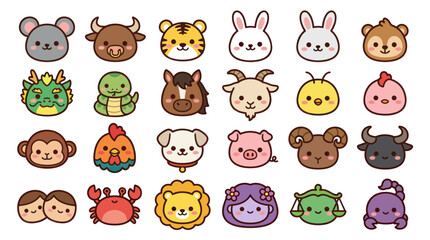 Obraz premium Cute animal and zodiac icons collection