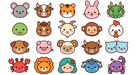 Obraz premium Cute animal and zodiac icons collection
