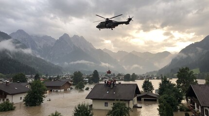 Rescue helicopter performing emergency evacuation of flooded house during mountain storm © Muhammad