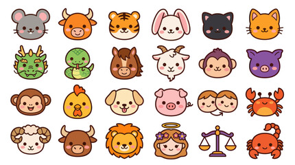Fototapeta premium Cute animal and zodiac icons collection