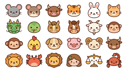 Obraz premium Cute animal and zodiac icons collection