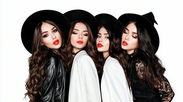 Four women posing side by side in wide-brimmed black witch hats and coordinated leather lace Halloween outfits on white studio backdrop with left copy space portrait
