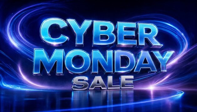 Cyber monday sale 3D blue letters with neon glowing light rings sale text glowing circles online sales shopping event promotional design 3D letters abstract light holiday promotion cyber week