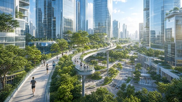 Futuristic Green Cityscape: A sprawling, eco-friendly metropolis showcasing modern skyscrapers seamlessly integrated with lush vertical gardens and elevated walkways.