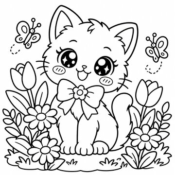 A little kitten in a bright flower garden.