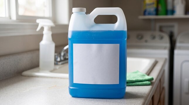 Large plastic jug containing blue liquid cleaning soap with blank label