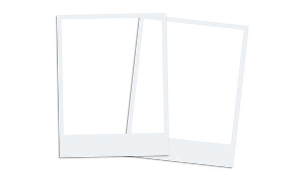 Two blank white polaroid photo frames overlap on gray checkered background for your memories.
