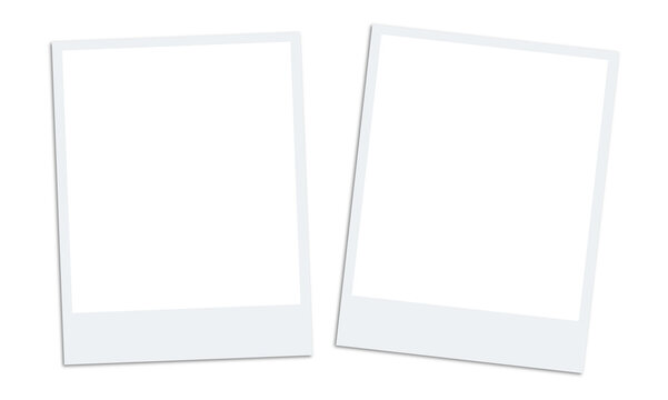 Two empty white polaroid frames tilted on gray checkered background for your photos.