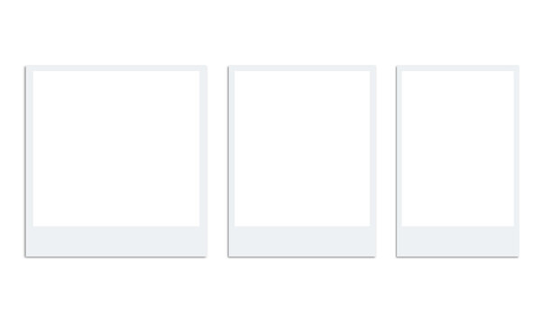 Three blank white polaroid photo frames arranged horizontally on gray checkered background.