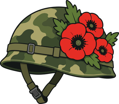 Camouflage Military Helmet with Red Poppies Illustration