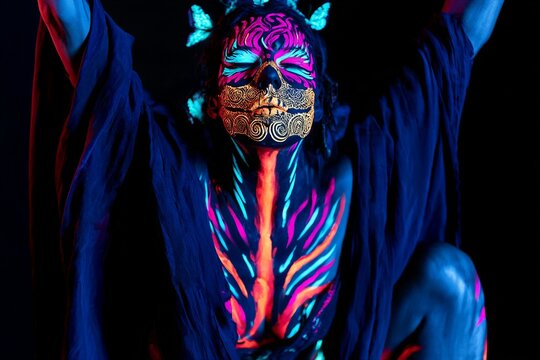 Full body portrait of woman with neon UV skull face paint, glowing body patterns and raised arms in mystical ritual pose against dark studio background