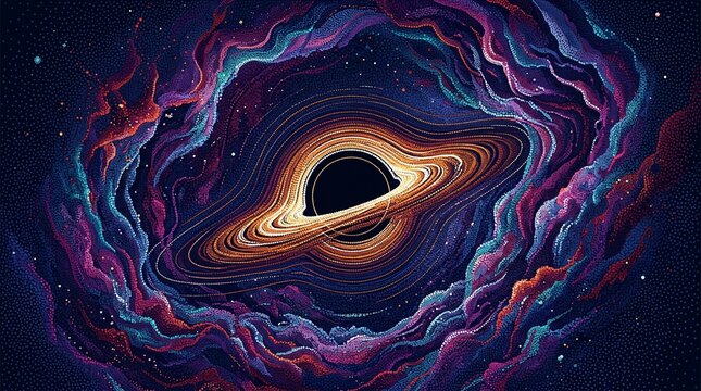 Amazing huge massive black hole surrounded by a cosmic nebula. Gravitational pull of the universe in a cosmic cloud storm of light and shadows. Dotwork. Pointillism. Dots shading. Vector illustration