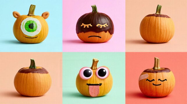 Collage of five decorated pumpkins with playful cartoon faces on pastel color blocks, including chocolate-dipped tops, googly eyes, and bandage patch