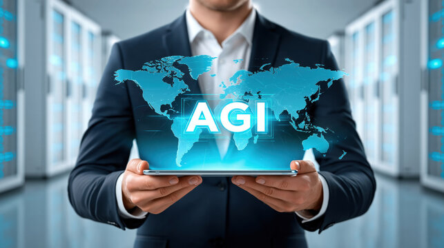 AGI holographic world map projected from tablet held by businessperson in server room, futuristic corporate technology concept with blue lighting