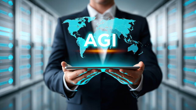 AGI holographic world map projected above tablet held by businessman data center, futuristic corporate technology scene with glowing servers