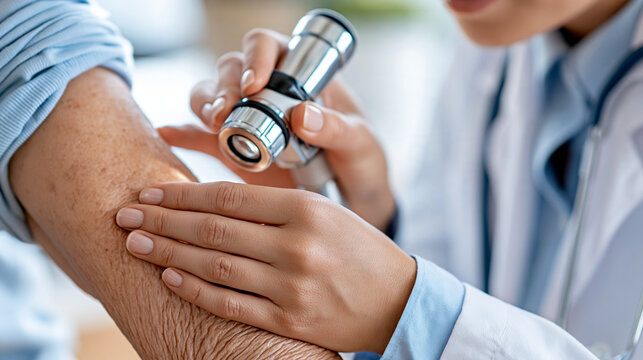 Young female doctor examining an elderly woman's skin with a dermatoscope, dermatology screening, senior skin health, preventive medicine, clinical diagnostics, professional