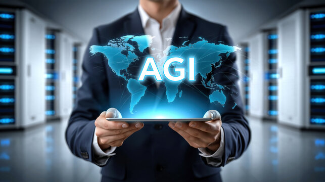 AGI hologram world map projected above tablet in server room, futuristic corporate technology concept with glowing blue interface