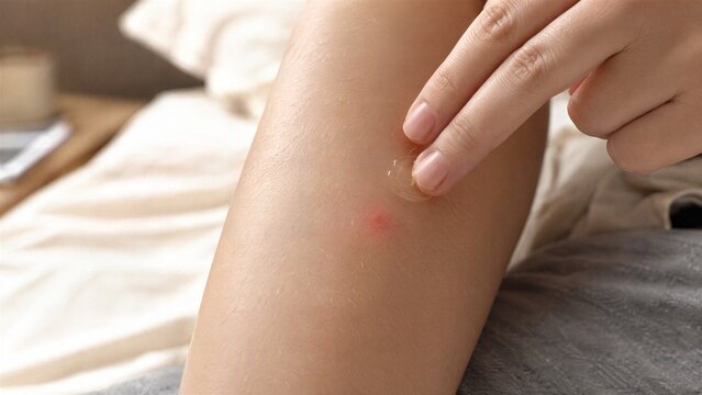 Insect Bite on Skin: A close-up shot shows a red insect bite or sting on a person's arm, with a finger applying a topical cream or treatment.