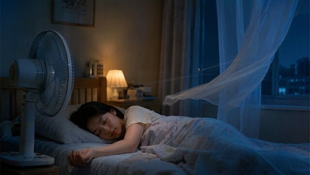 A Peaceful Sleep on a Summer Night: A young woman sleeps soundly in bed, a fan gently blowing on her as a light breeze rustles the curtains on a warm summer night.