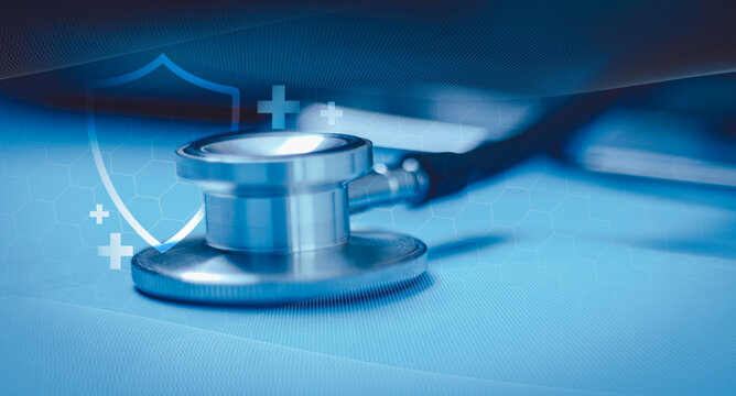 Stethoscope, shield, plus and healthcare symbols. Health insurance and medical protection concept, health coverage, medical insurance, patient care, safety and financial protection.