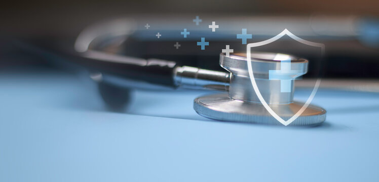 Stethoscope, shield, plus and healthcare symbols. Health insurance and medical protection concept, health coverage, medical insurance, patient care, safety and financial protection.