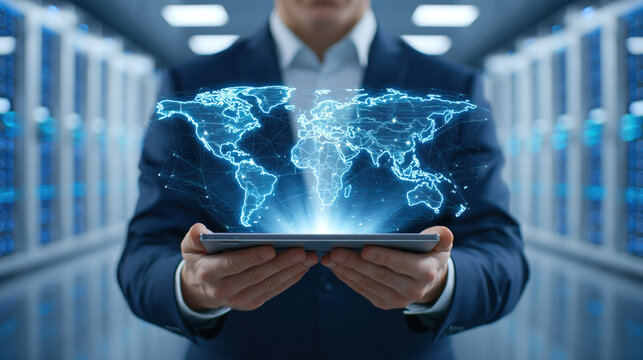 Global network holographic map projected from tablet held by businessman in data center, futuristic digital connectivity and cloud visualization