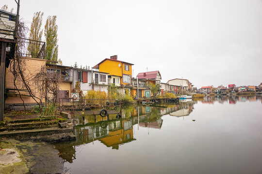 Boathouse cottages on the shores of the Primorsky Bay in Kaliningrad