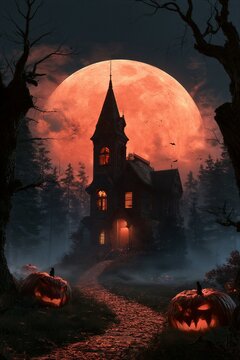 Haunted Victorian mansion at night with amber arched windows, tall pointed turret, rising harvest moon, misty fog, stone path and glowing jackolanterns