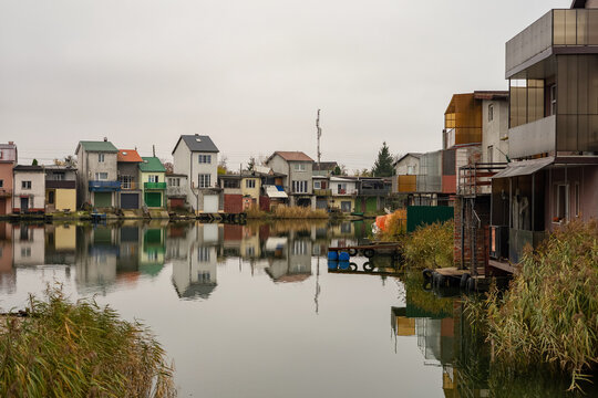 Boathouse cottages on the shores of the Primorsky Bay in Kaliningrad