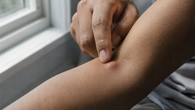 Close-up of an arm with a small bump on the elbow, showing a person scratching the itchiness.