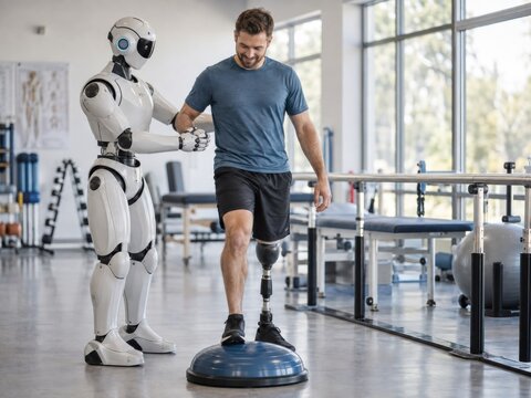 Humanoider Roboter unterst&uuml;tzt einen Mann mit Beinprothese beim Training in der Rehabilitation. Zukunftsorientierte Technologie f&ouml;rdert Mobilit&auml;t, Therapie und Selbstst&auml;ndigkeit.