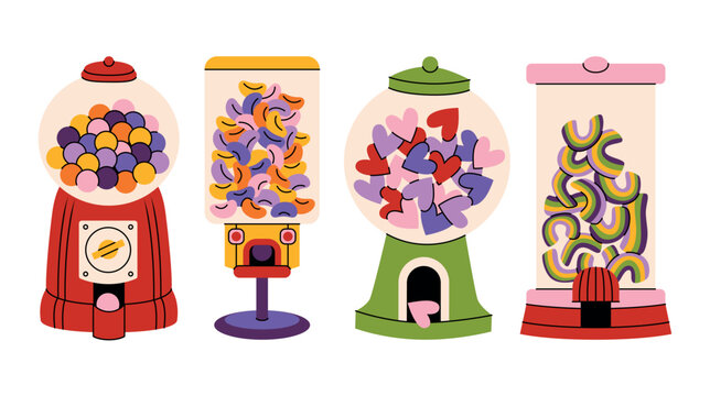 Cute hand drawn vector illustrations set of colorful Halloween candy dispenser and gumball machines, candy hearts, gummy sweets, orange slices shaped marmalade, marshmallows and playful confectionery.