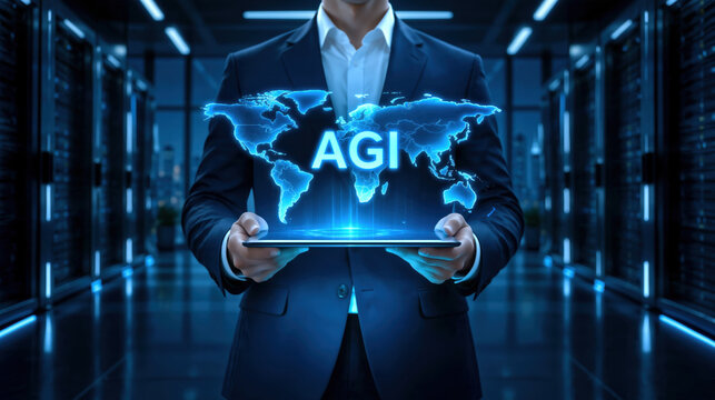 Businessperson holding tablet projecting blue holographic world map and AGI text, futuristic data center environment, dramatic lighting