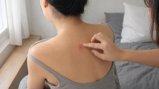 Skin Concern: A close-up shot shows a hand pointing to a red, irritated spot or rash on a person's back, highlighting a skin health issue or discomfort.