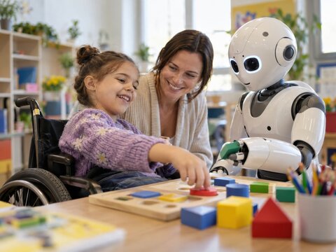 Humanoider Roboter f&ouml;rdert ein Kind im Rollstuhl spielerisch mit Lernmaterial und Formen. Inklusive Unterst&uuml;tzung verbindet Therapie, Bildung und Zukunft im barrierefreien Alltag.