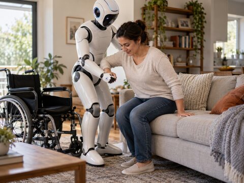 Humanoider Roboter hilft einer Frau beim sicheren Umsetzen vom Sofa in den Rollstuhl. Assistive Technologie steht f&uuml;r die Zukunft h&auml;uslicher Pflege und mehr Selbstst&auml;ndigkeit.