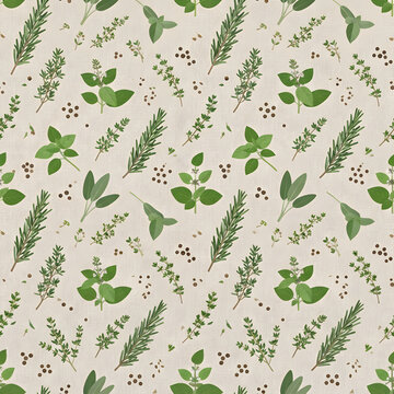 Culinary herb sprigs seamless pattern for kitchen textiles