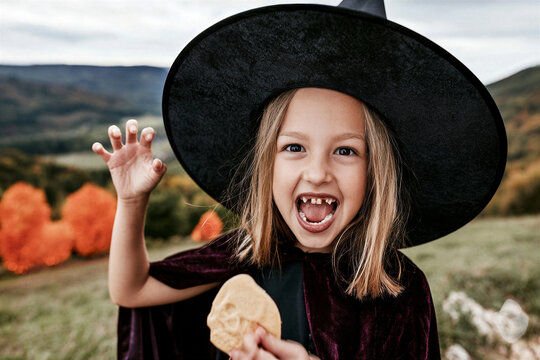Playful young girl wearing large black witch hat making silly scary face indoors in candlelit Halloween room while holding skull cookie