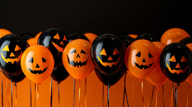 Row of glossy black and orange Halloween balloons with painted jack-o'-lantern faces on solid orange studio background