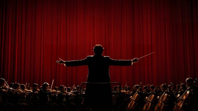 Maestro's Command: A conductor silhouetted against a dramatic red curtain, leading a symphony orchestra, with rows of musicians playing their instruments, creating a powerful musical moment.