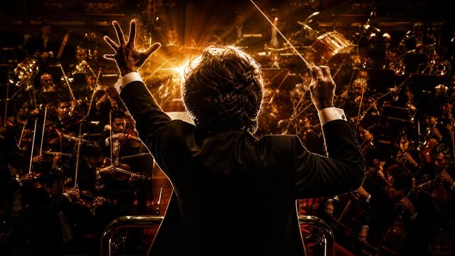 Maestro's Moment: The back view of a conductor, silhouetted against a dramatic, fiery stage, raises his baton, commanding a powerful orchestra into a crescendo of sound.