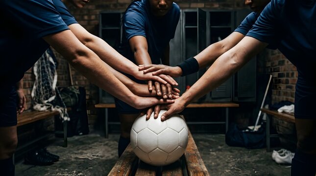 Diverse soccer teammates stacking hands together on ball in locker room