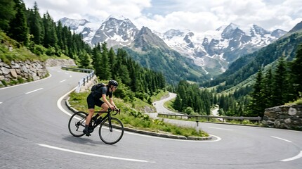 Fototapeta premium Female cyclist riding road bike on mountain pass hairpin turn with snowy peaks